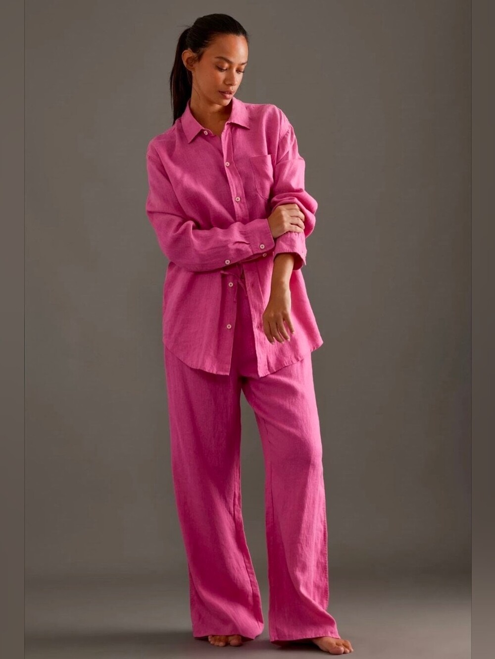 Desmond & Dempsey Linen Long-Sleeve Lounge Set - Pants Size S, Top Size XS